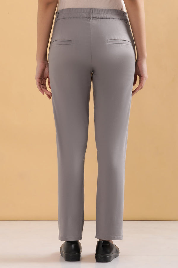 Elleven Women's Grey Solid Straight Fit Cotton Pants With Pintuck Detail