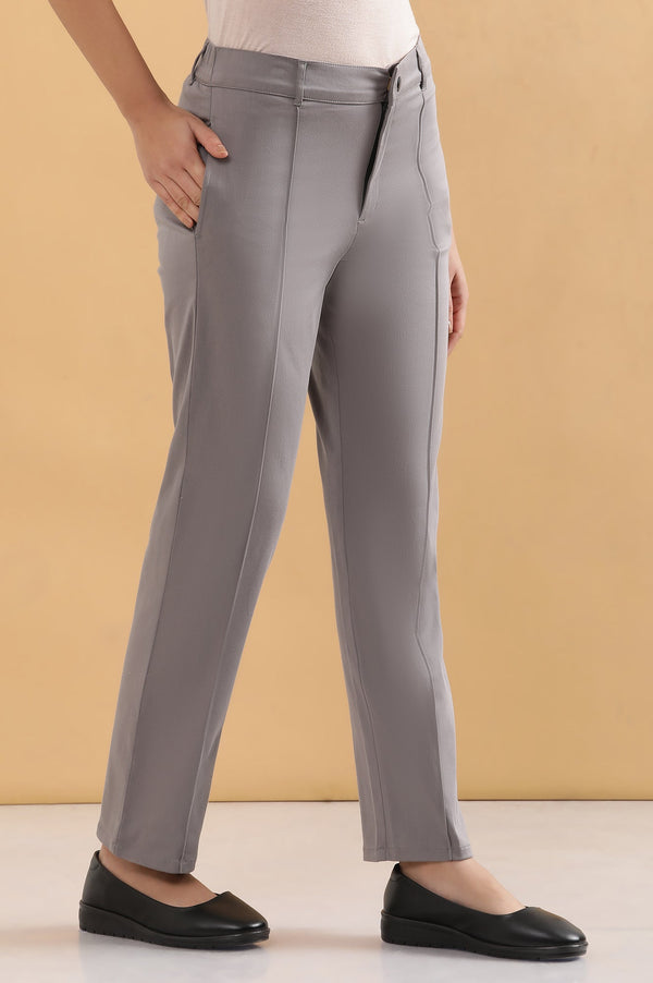 Elleven Women's Grey Solid Straight Fit Cotton Pants With Pintuck Detail