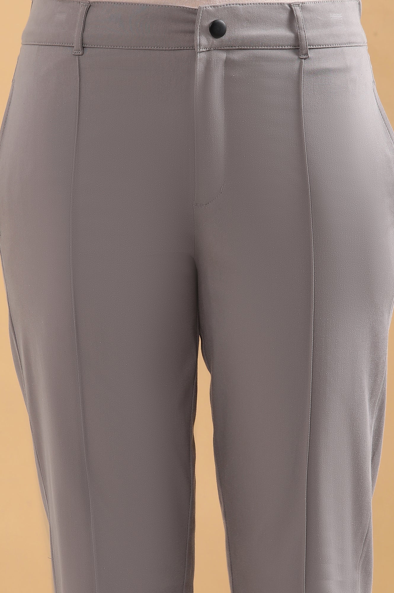 Grey Solid Straight Fit Cotton Pants With Pintuck Detail