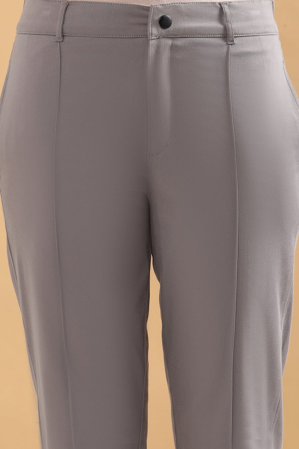 Elleven Women's Grey Solid Straight Fit Cotton Pants With Pintuck Detail