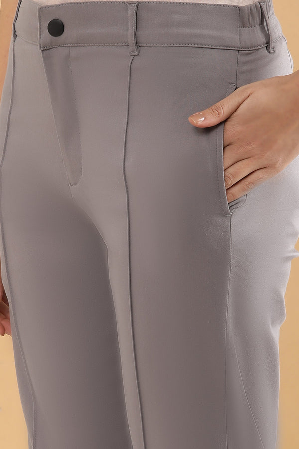 Elleven Women's Grey Solid Straight Fit Cotton Pants With Pintuck Detail