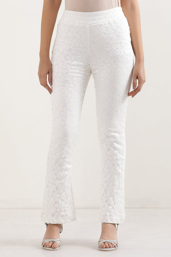 Elleven Women's White Floral Flared Cotton Pants With Elasticated Waist