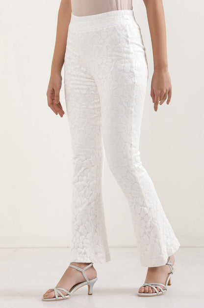 White Floral Flared Cotton Pants With Elasticated Waist