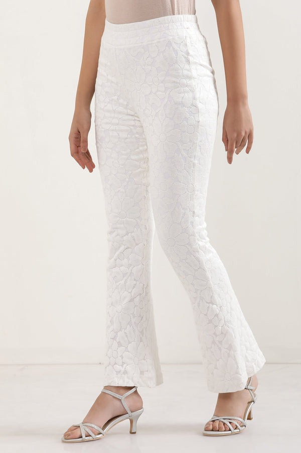 Elleven Women's White Floral Flared Cotton Pants With Elasticated Waist