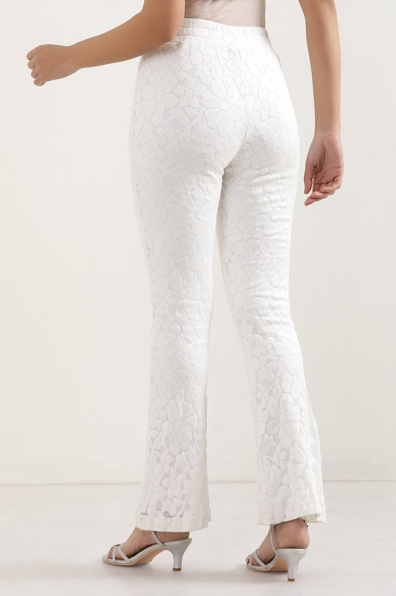White Floral Flared Cotton Pants With Elasticated Waist