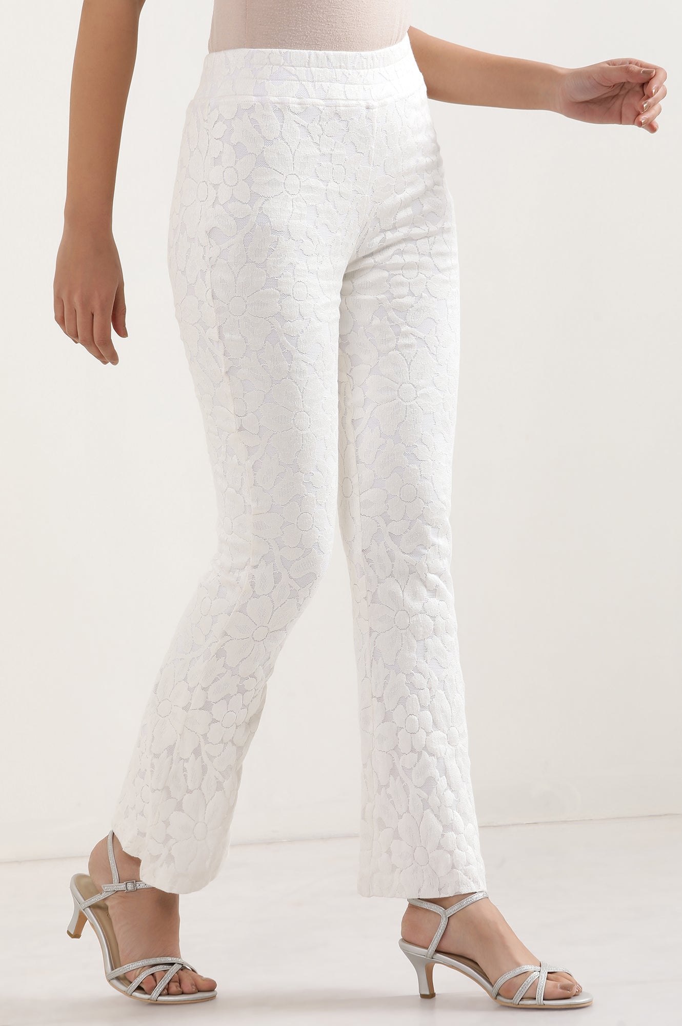White Floral Flared Cotton Pants With Elasticated Waist