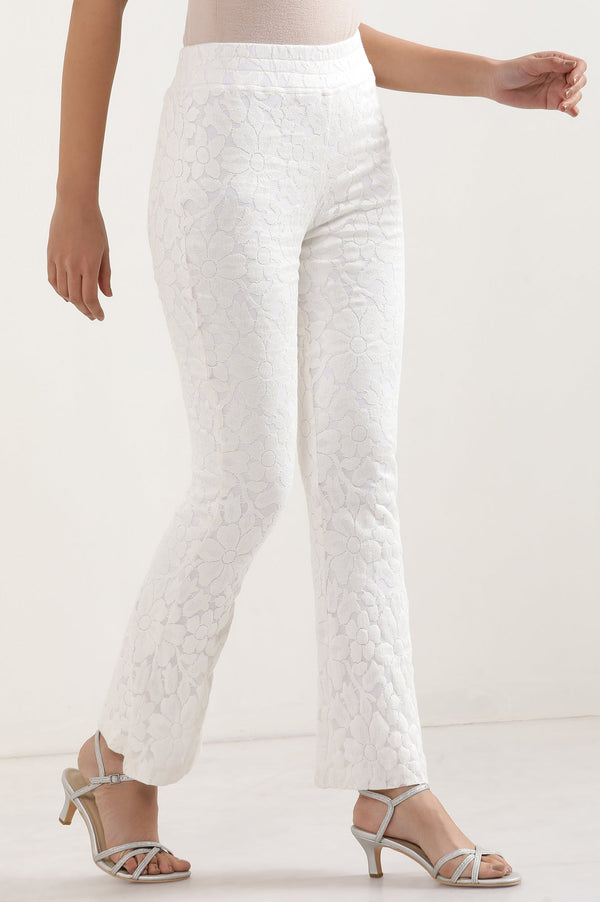 Elleven Women's White Floral Flared Cotton Pants With Elasticated Waist
