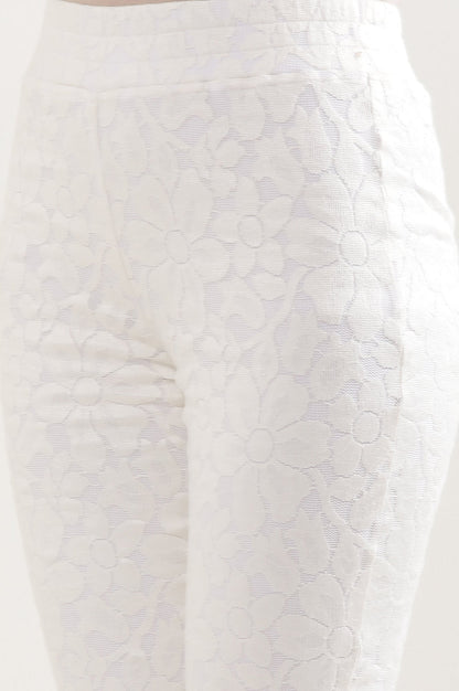 White Floral Flared Cotton Pants With Elasticated Waist