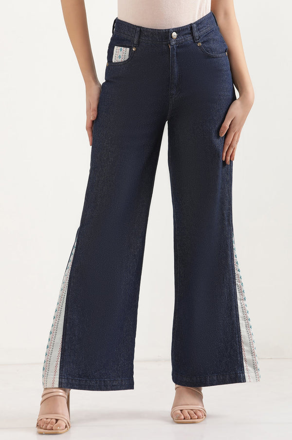 Elleven Women's Blue Solid Flared Denim Palazzo With Printed Side Inserts