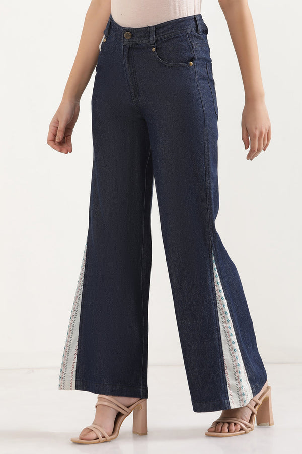 Elleven Women's Blue Solid Flared Denim Palazzo With Printed Side Inserts