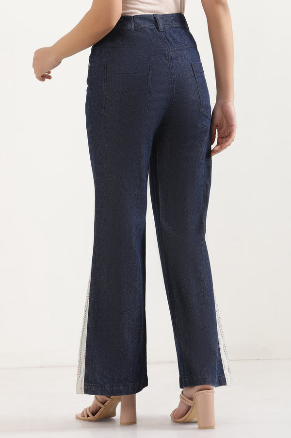 Elleven Women's Blue Solid Flared Denim Palazzo With Printed Side Inserts