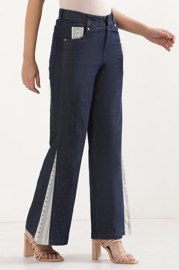 Elleven Women's Blue Solid Flared Denim Palazzo With Printed Side Inserts