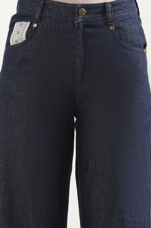 Elleven Women's Blue Solid Flared Denim Palazzo With Printed Side Inserts