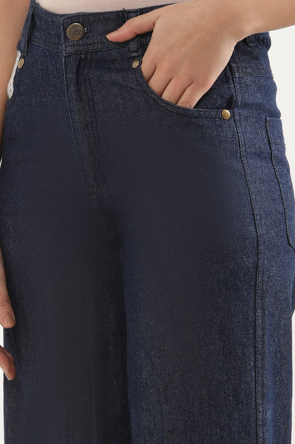 Elleven Women's Blue Solid Flared Denim Palazzo With Printed Side Inserts