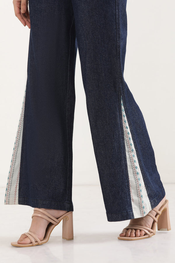 Elleven Women's Blue Solid Flared Denim Palazzo With Printed Side Inserts