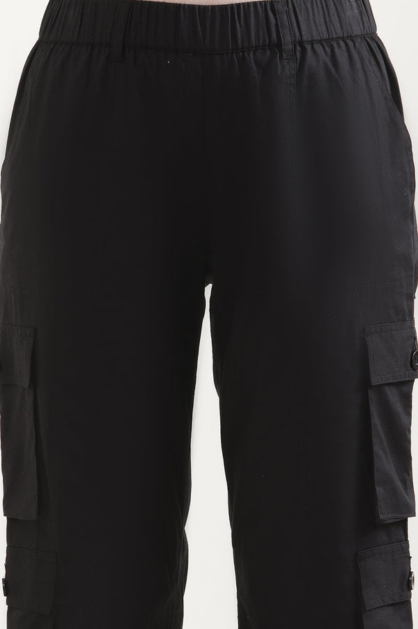Elleven Women's Black Solid Straight Fit Cotton Cropped Pants With Drawstring