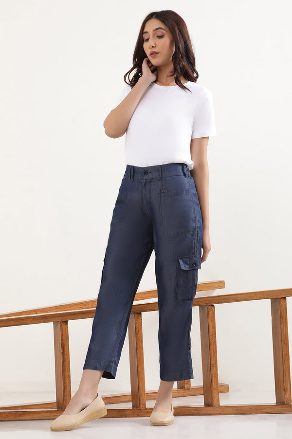 Elleven Women's Blue Solid Straight Fit Lyocell Pants With Six Pockets