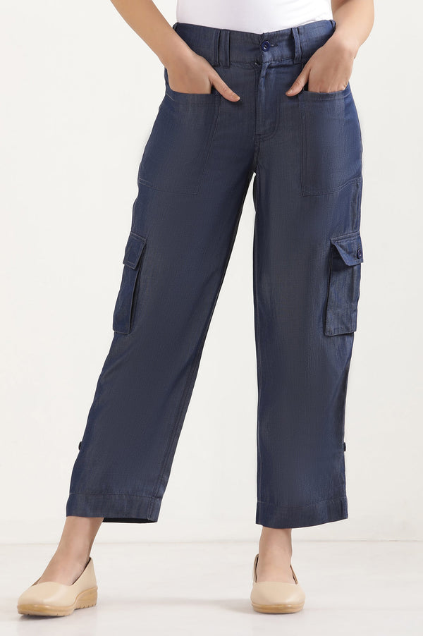 Elleven Women's Blue Solid Straight Fit Lyocell Pants With Six Pockets