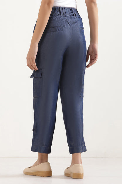 Blue Solid Straight Fit Lyocell Pants With Six Pockets