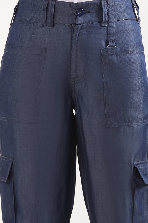 Elleven Women's Blue Solid Straight Fit Lyocell Pants With Six Pockets