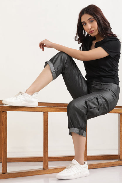 Black Solid Straight Fit Lyocell Pants With Elasticated Waist
