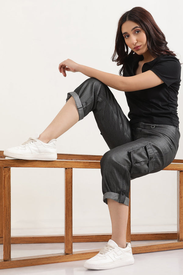 Black Solid Straight Fit Lyocell Pants With Elasticated Waist