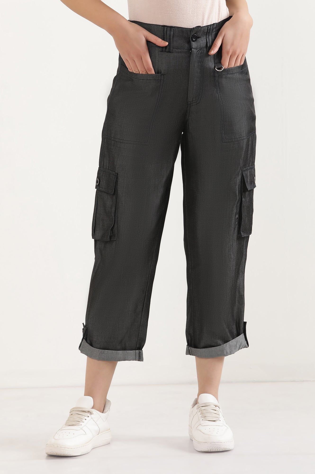Black Solid Straight Fit Lyocell Pants With Elasticated Waist