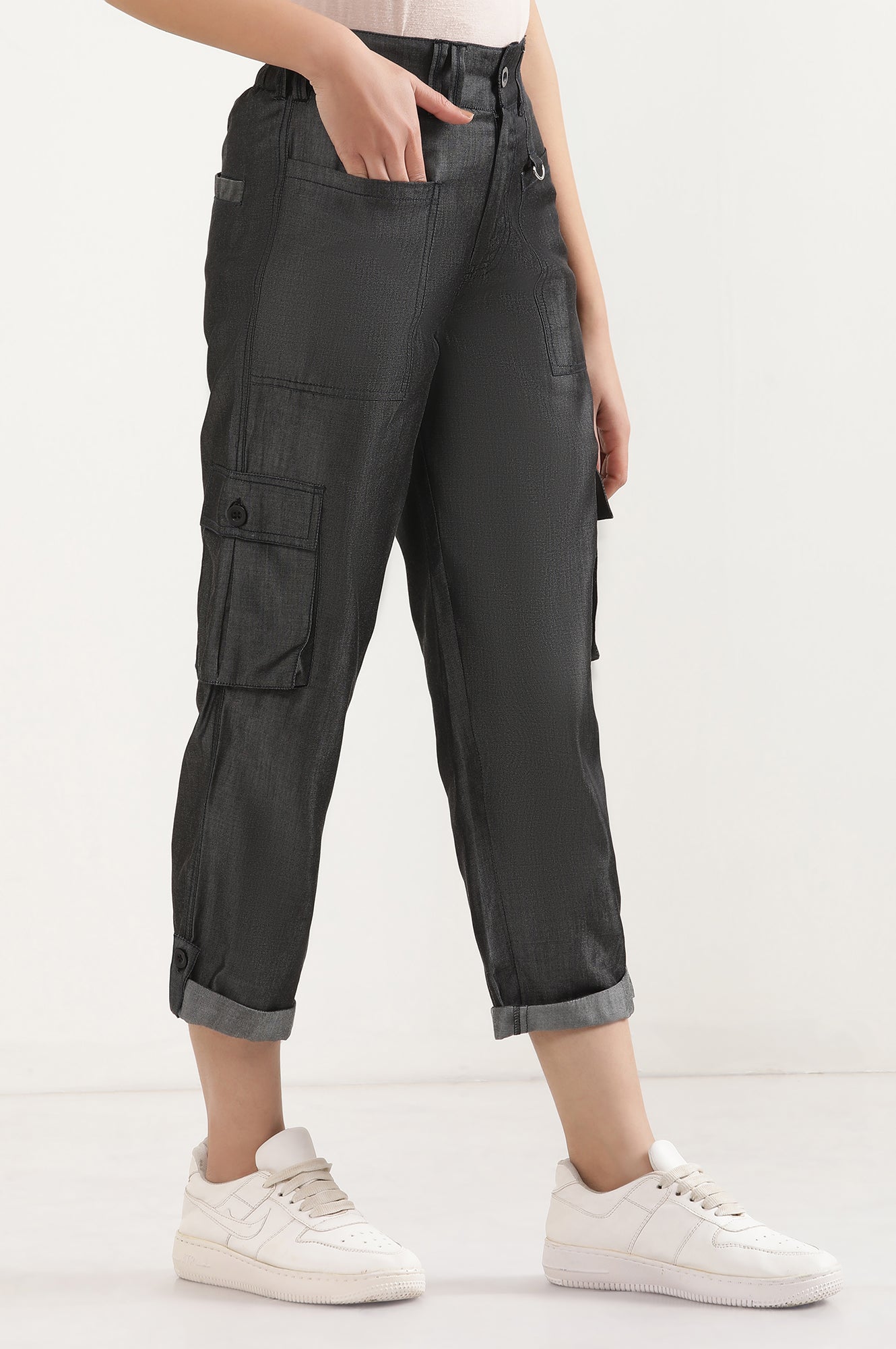 Black Solid Straight Fit Lyocell Pants With Elasticated Waist