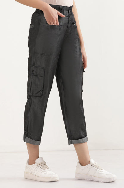 Black Solid Straight Fit Lyocell Pants With Elasticated Waist