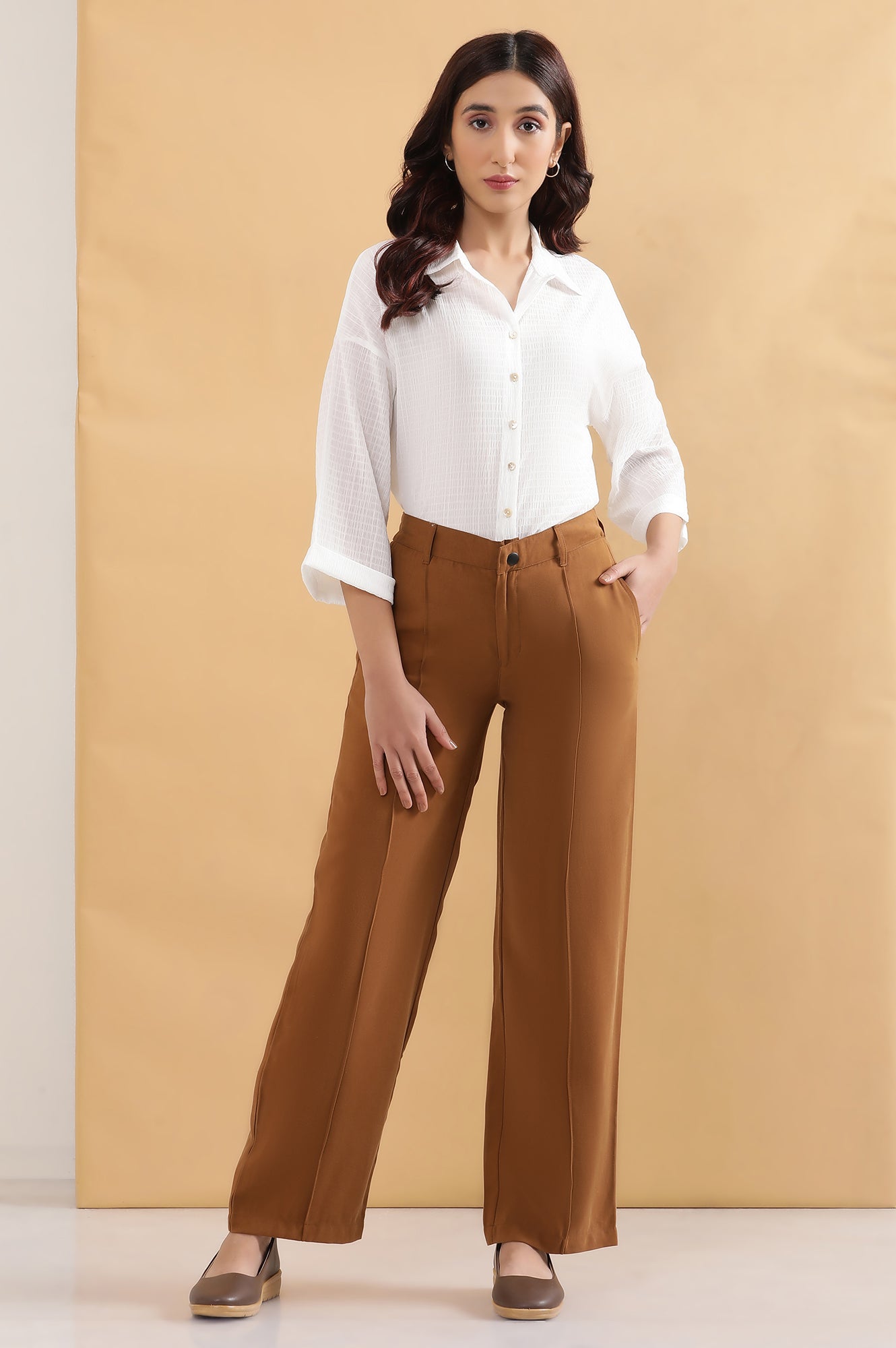 Brown Solid Straight Fit Rayon Pants With Pintuck Detail