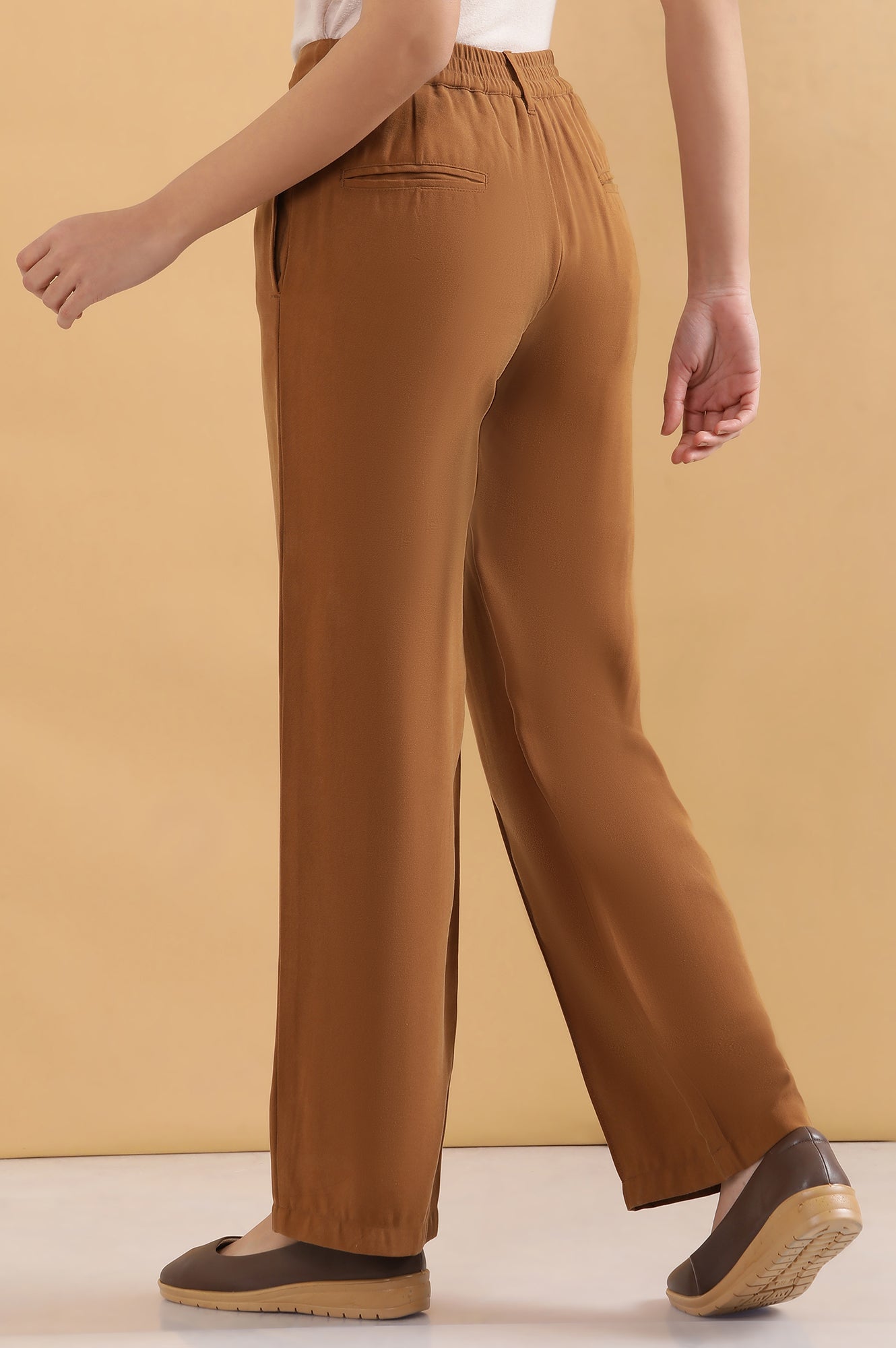 Brown Solid Straight Fit Rayon Pants With Pintuck Detail