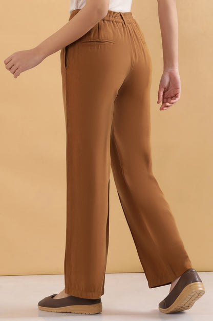Brown Solid Straight Fit Rayon Pants With Pintuck Detail