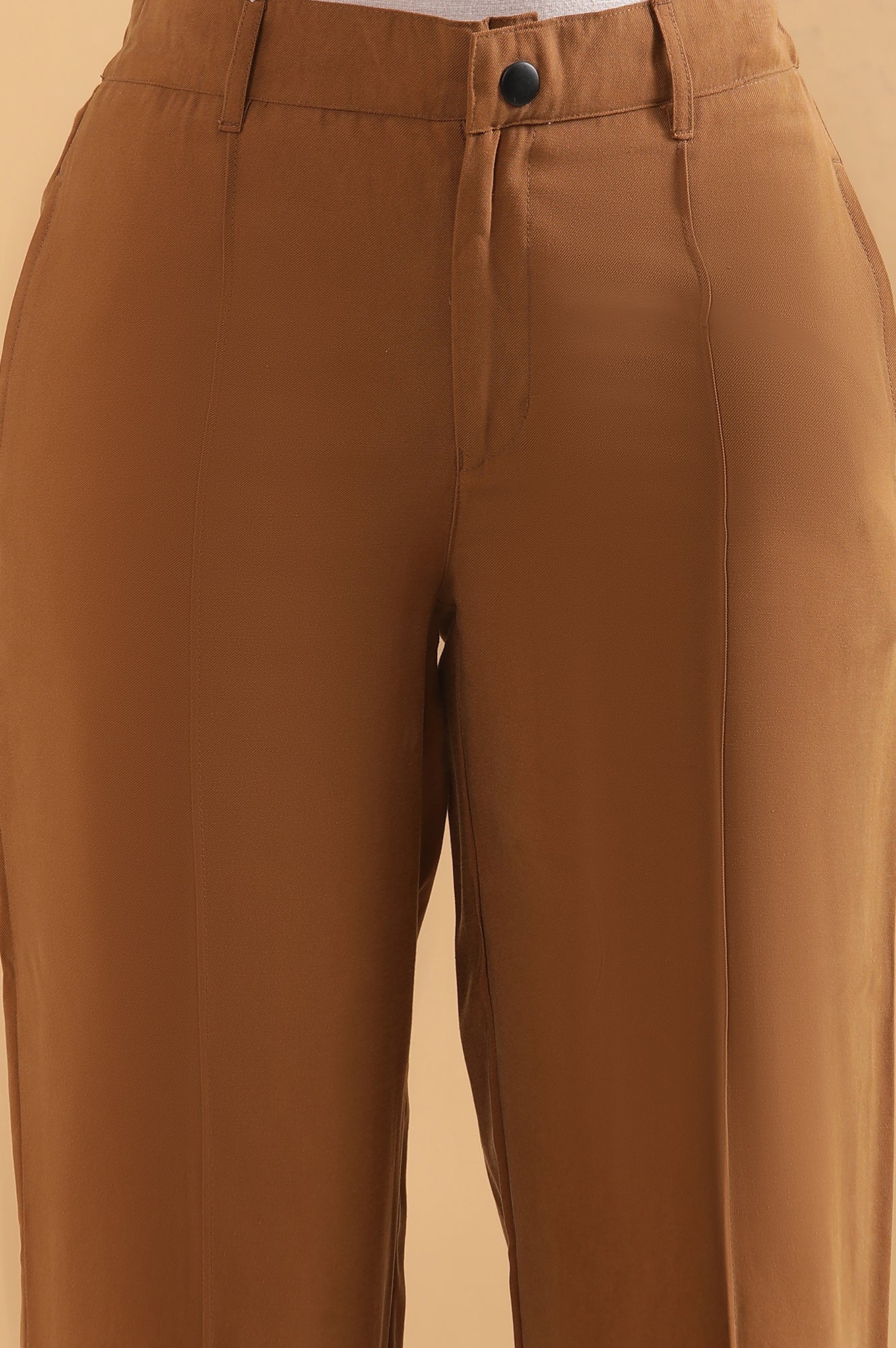 Brown Solid Straight Fit Rayon Pants With Pintuck Detail