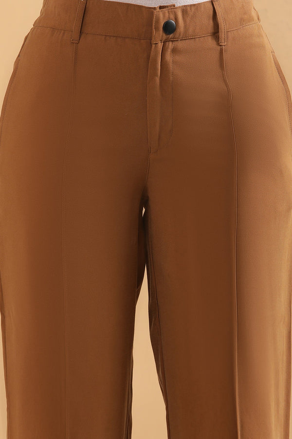Elleven Women's Brown Solid Straight Fit Rayon Pants With Pintuck Detail