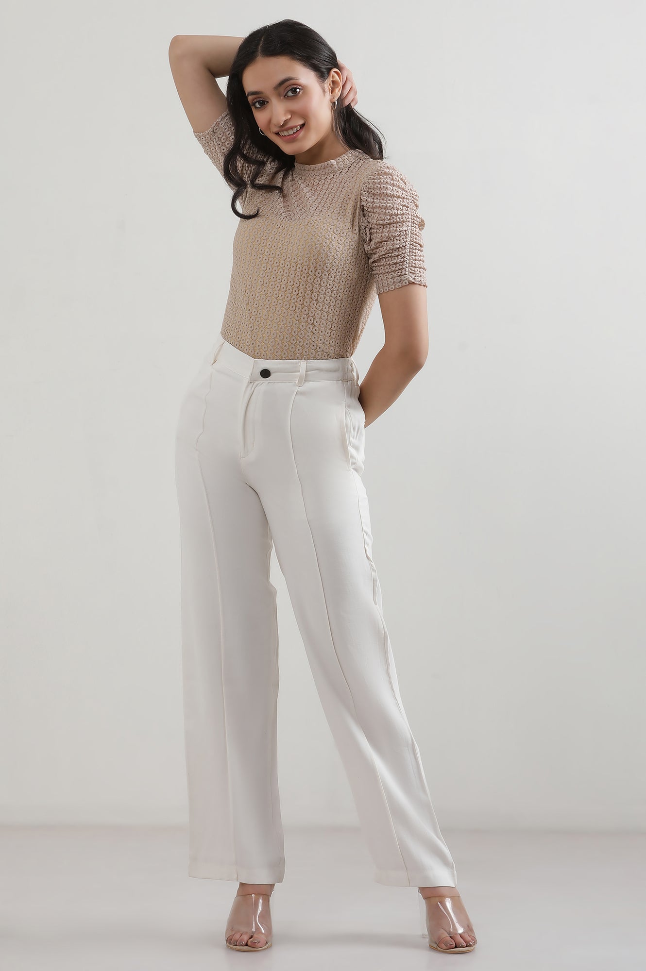 White Solid Rayon Straight Trousers &amp; Pants