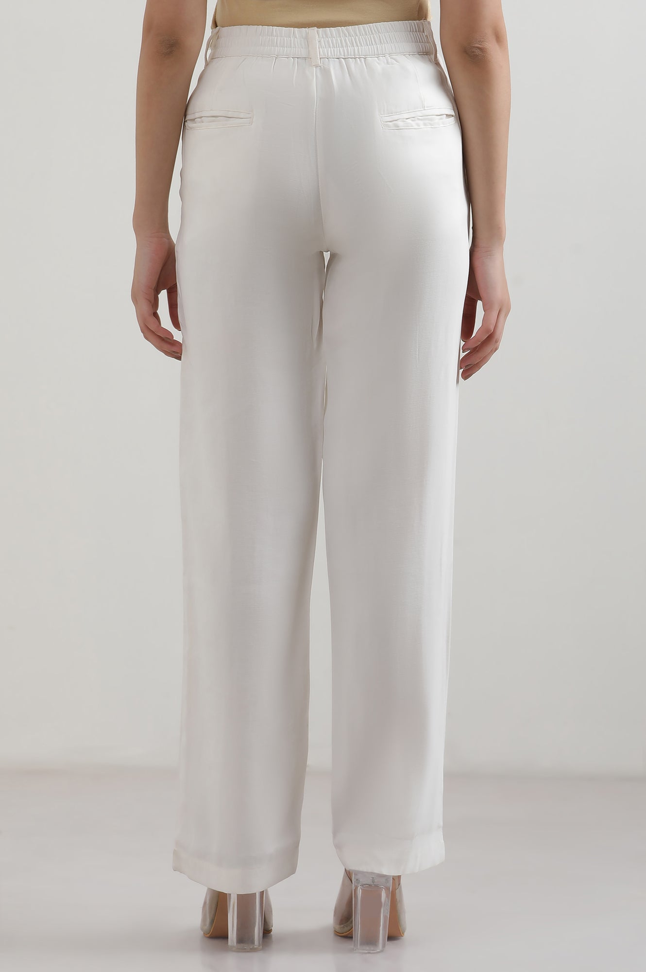 White Solid Rayon Straight Trousers &amp; Pants