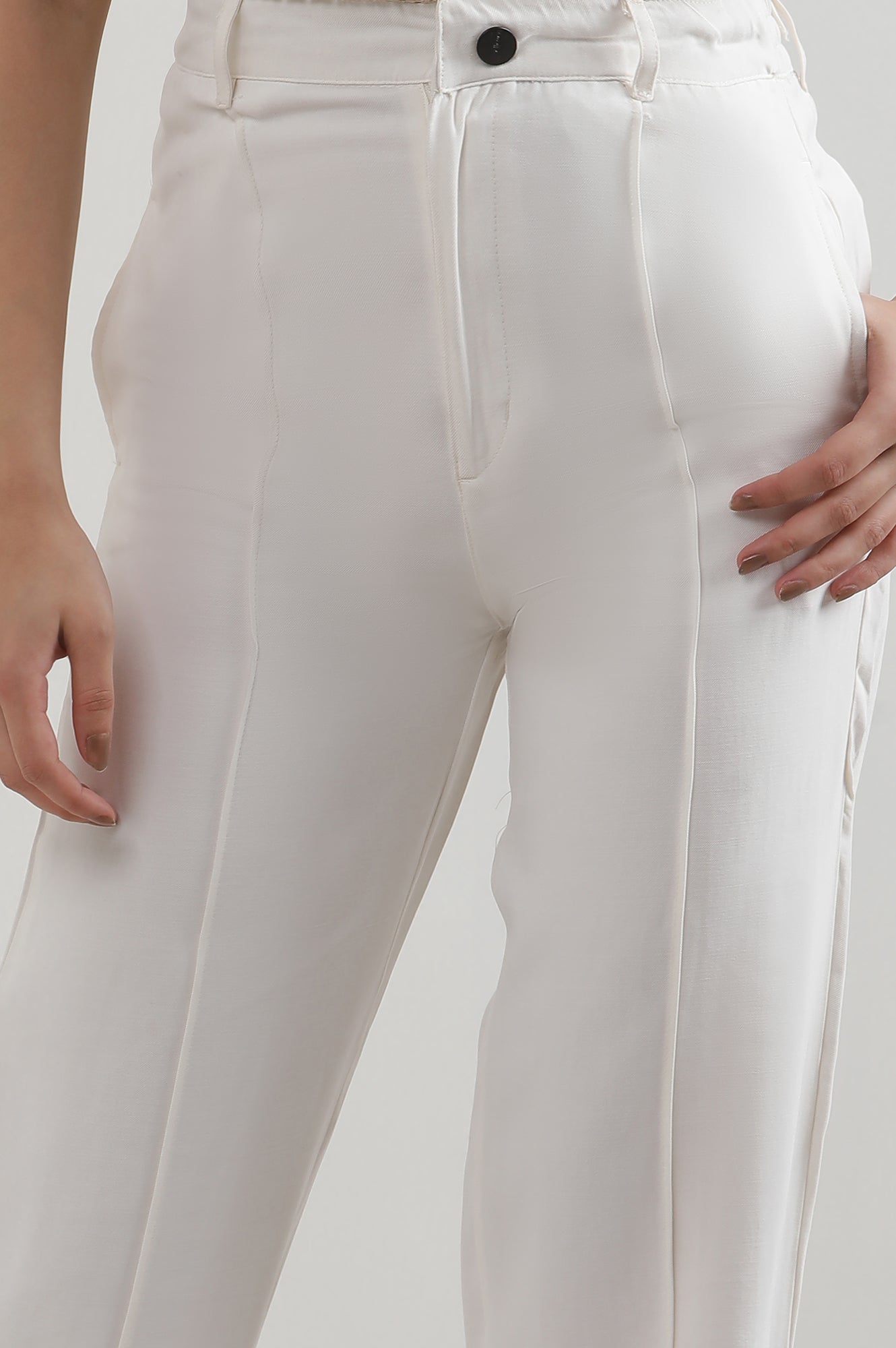 White Solid Straight Fit Rayon Pants