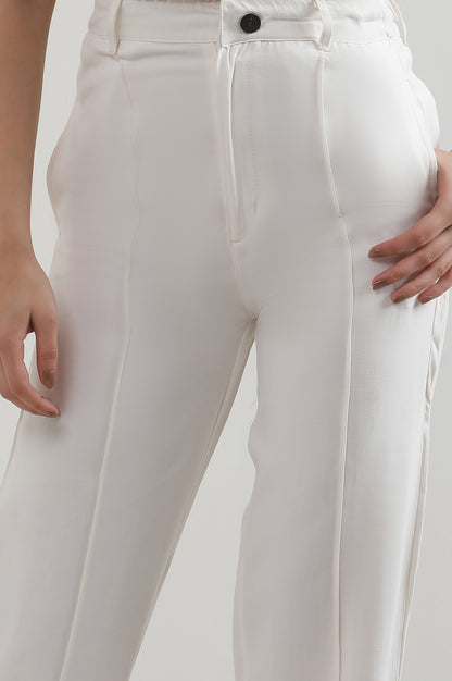 White Solid Straight Fit Rayon Pants