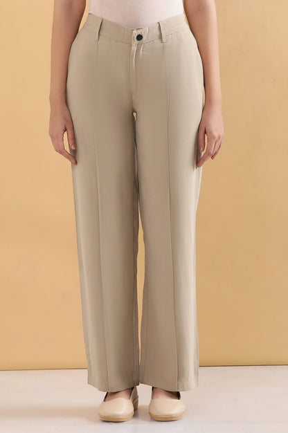 Beige Solid Straight Fit Woven Pants With Pintuck Detail