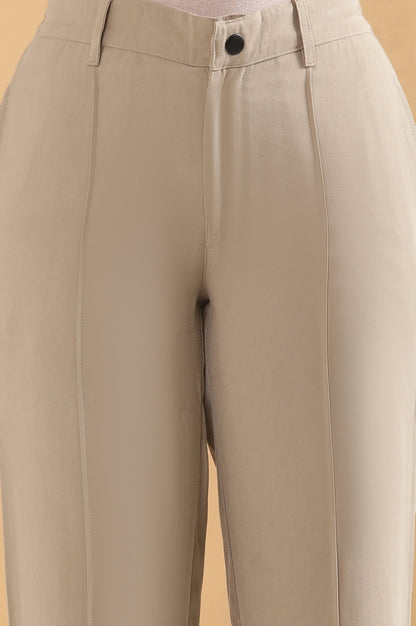 Beige Solid Straight Fit Woven Pants With Pintuck Detail