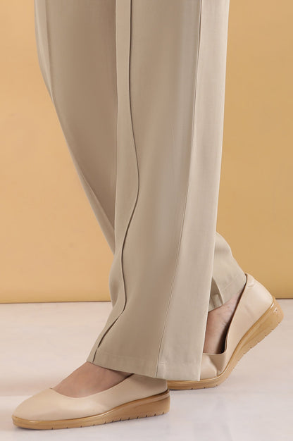 Beige Solid Straight Fit Woven Pants With Pintuck Detail