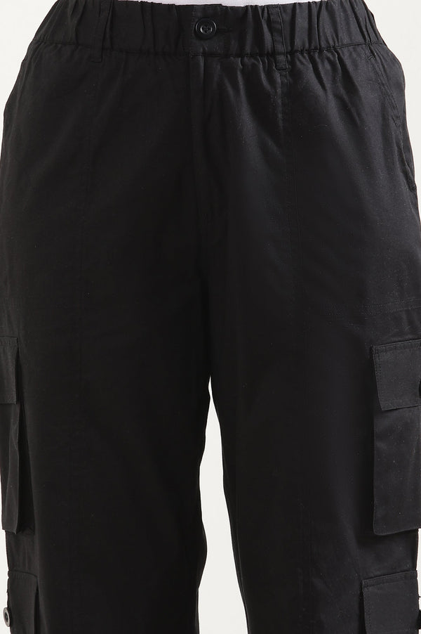 Elleven Women's Black Solid Straight Fit Cotton Cargo Pants With Elasticated Waist