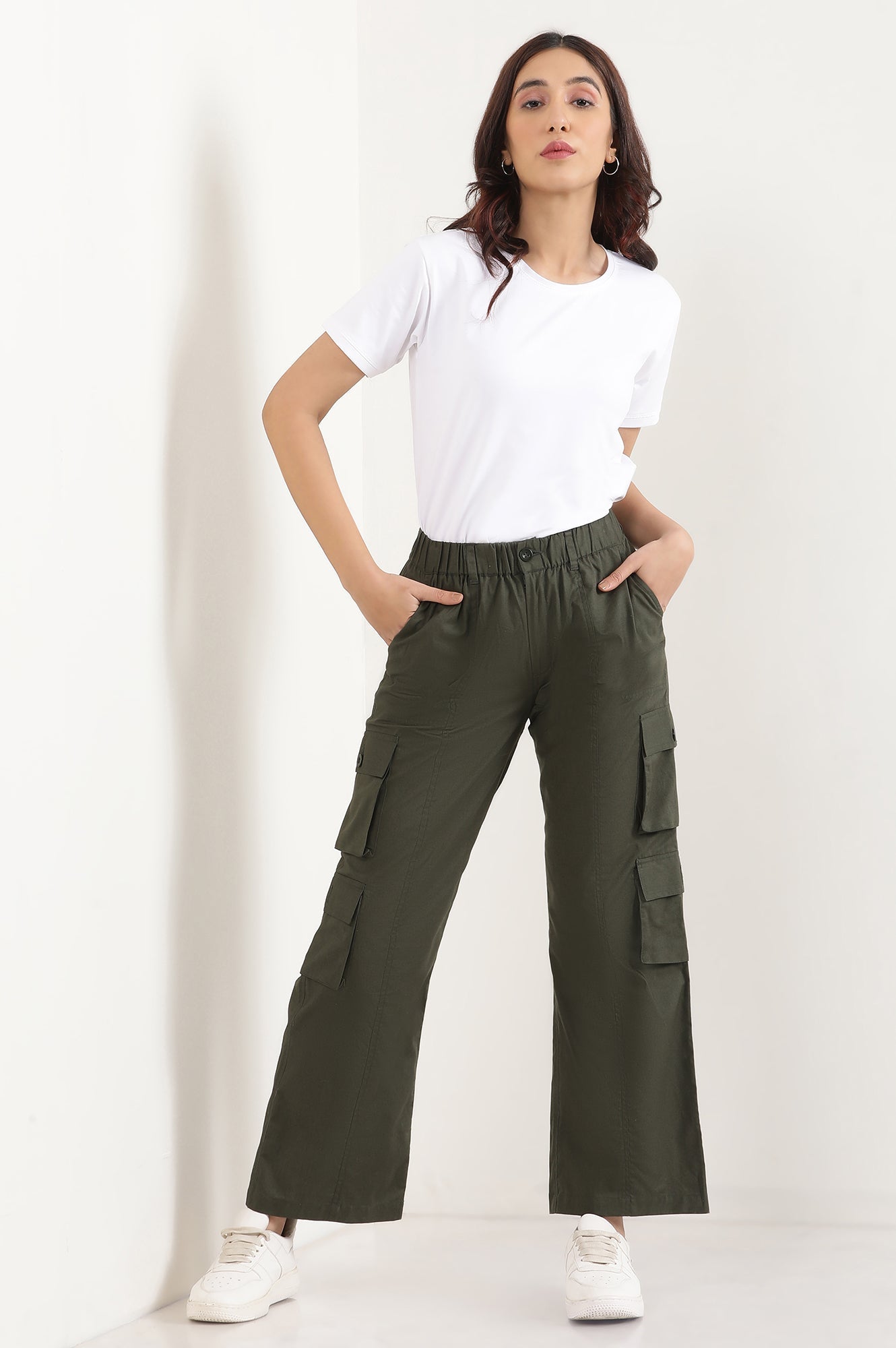Muted Sage Green Solid Straight Fit Cotton Palazzo With Elasticated Waist And Cargo Pockets