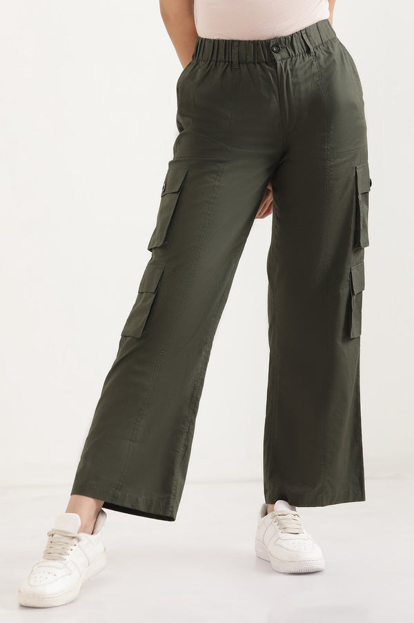 Elleven Women's Muted Sage Green Solid Straight Fit Cotton Palazzo With Elasticated Waist And Cargo Pockets