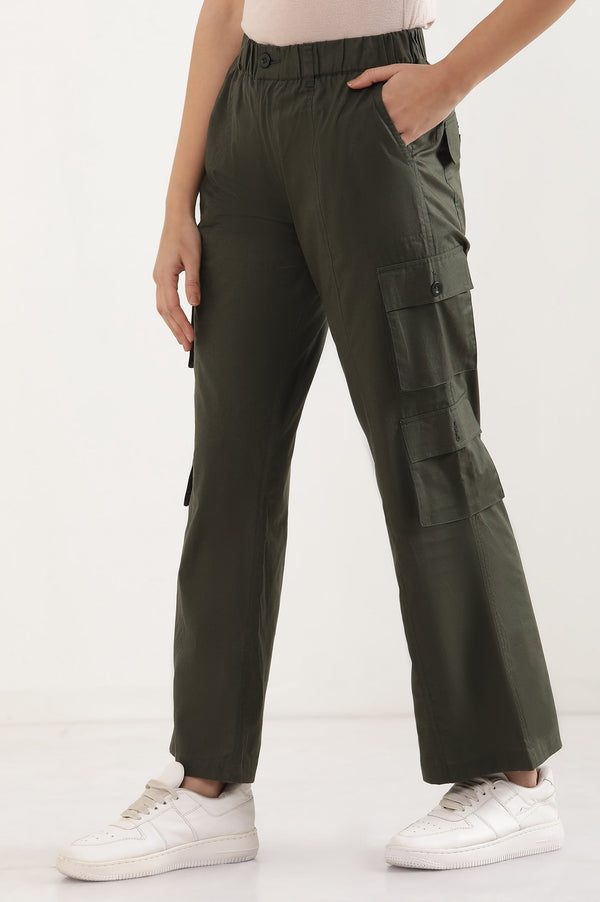 Elleven Women's Muted Sage Green Solid Straight Fit Cotton Palazzo With Elasticated Waist And Cargo Pockets