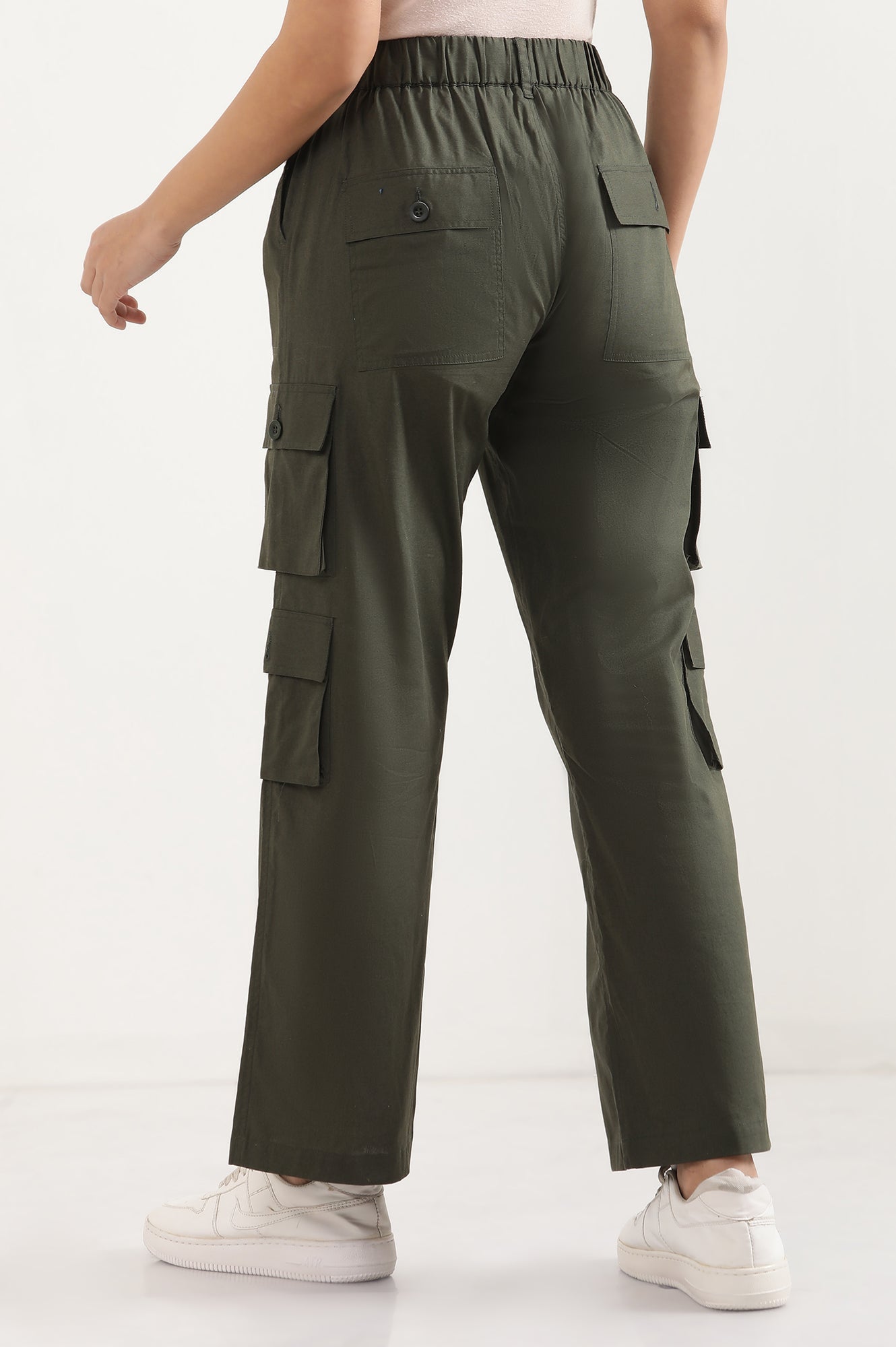 Muted Sage Green Solid Straight Fit Cotton Palazzo With Elasticated Waist And Cargo Pockets