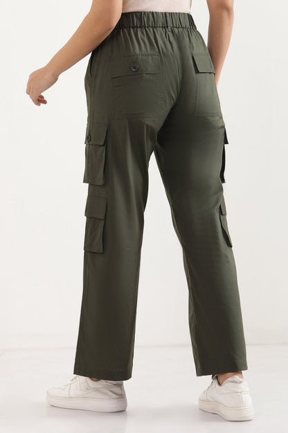Muted Sage Green Solid Straight Fit Cotton Palazzo With Elasticated Waist And Cargo Pockets