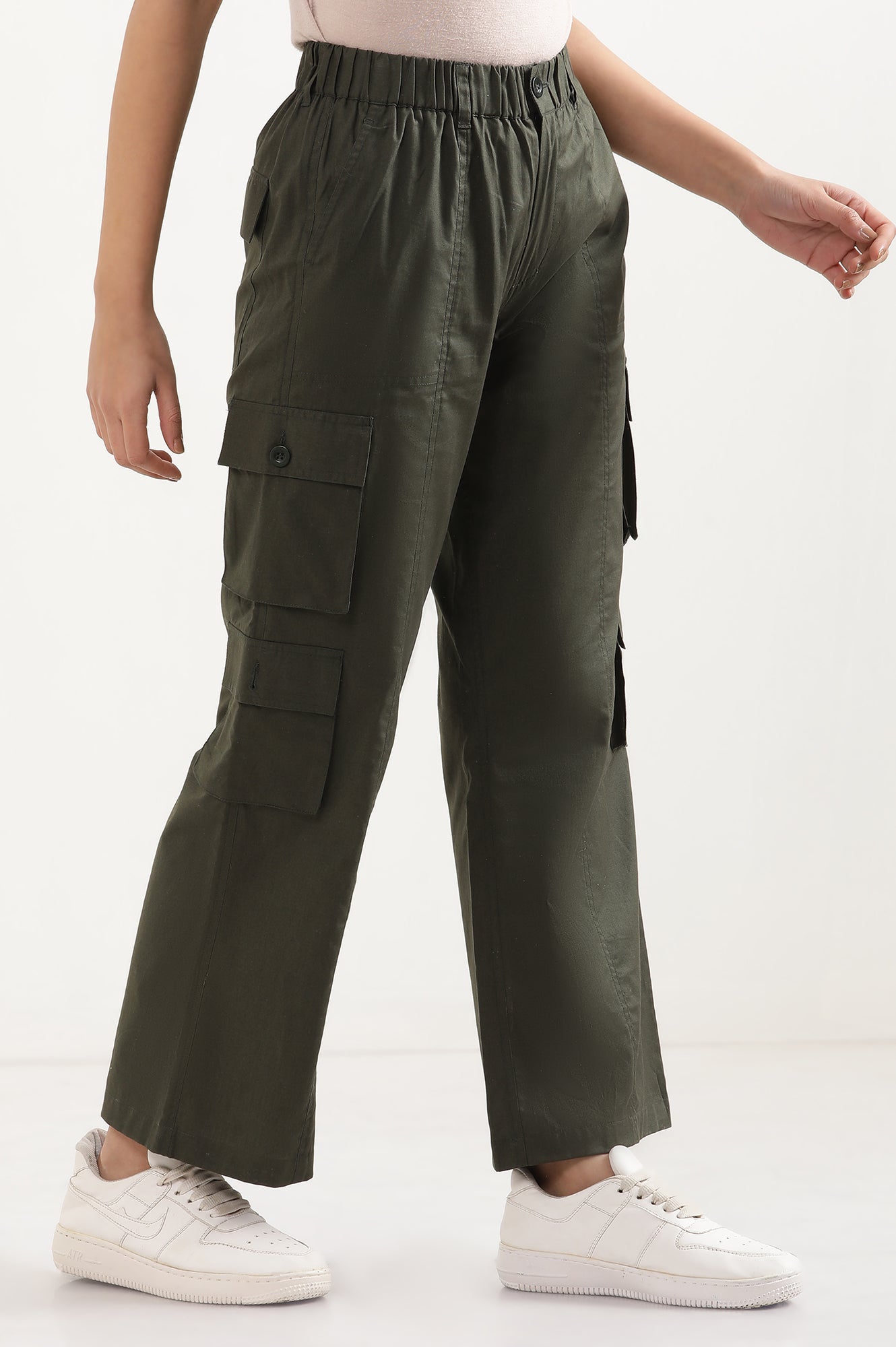 Muted Sage Green Solid Straight Fit Cotton Palazzo With Elasticated Waist And Cargo Pockets