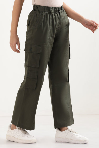 Muted Sage Green Solid Straight Fit Cotton Palazzo With Elasticated Waist And Cargo Pockets