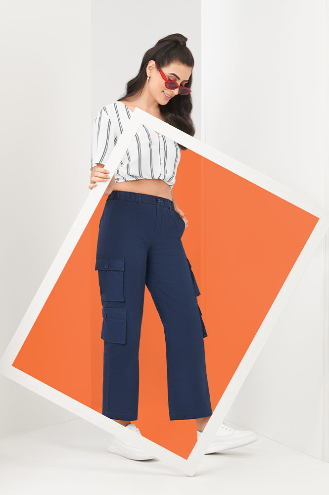 Elleven Women's Navy Blue Solid Straight Fit Cotton Cargo Pants With Elasticated Waist - XS